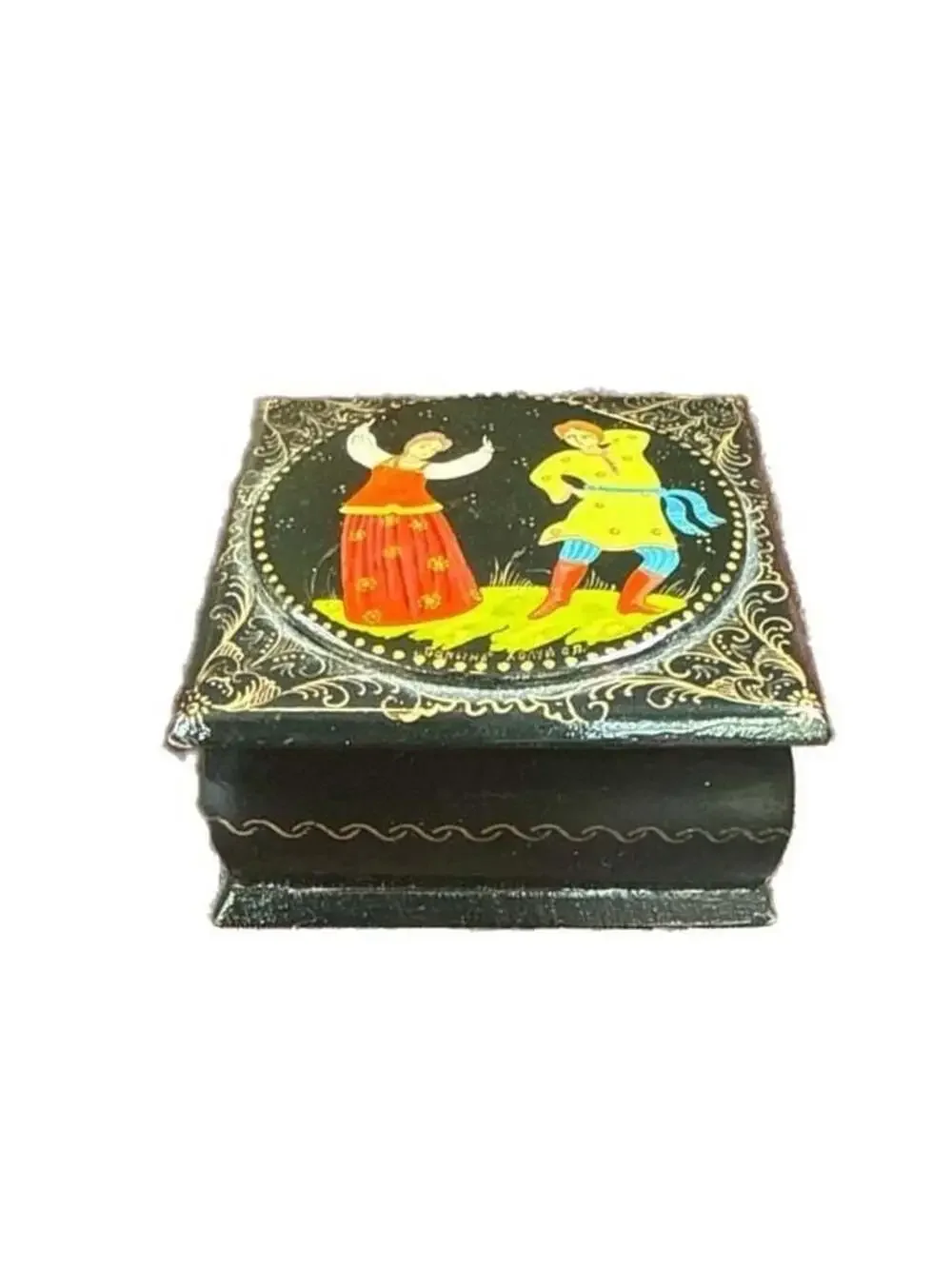 Vintage Kholui Russian Black Lacquer Hand Painted Hinged Trinket Box
